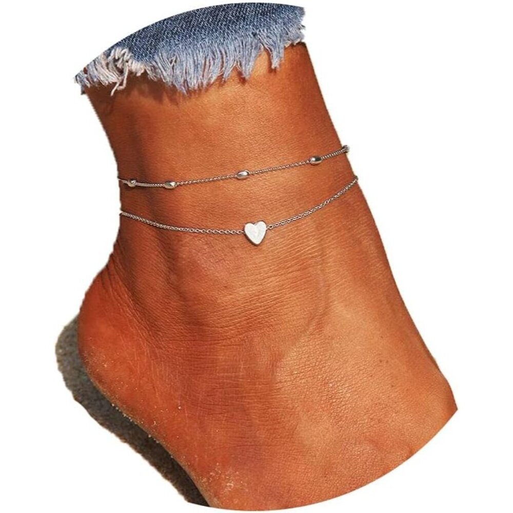 Layered Anklets Women Heart Silver Ankle Bracelet Charm Beaded Dainty Foot Jewel